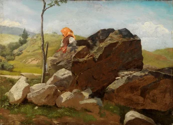 Des rochers sur lesquels est assise une jeune paysanne
