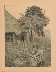 Femme avec un enfant assise dans un jardin devant une maison en Forêt-Noire