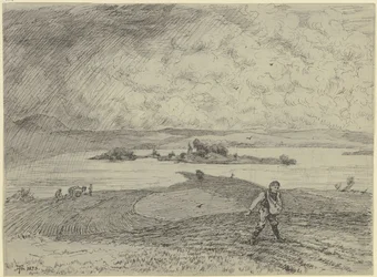 Paysage avec semeur, un lac avec une île à l