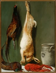Nature morte : lièvre, faisans, homard et cruche