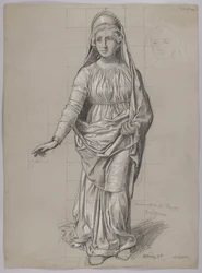 Projet de costume pour Fricka, verso : esquisse de costume pour une Walkyrie