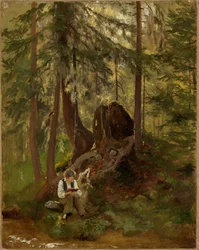 Intérieur de forêt avec un garçon lisant