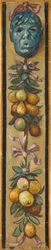 Frise murale de la salle de musique de la maison Pringsheim, Munich : masque à la bouche entrouverte, guirlandes de poires et de pommes. À gauche du no d