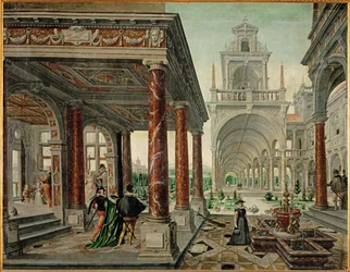 Architecture de palais avec compagnie élégante (huile sur toile)