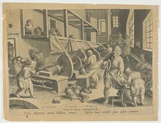 Politura Armorum, Polissage des armes, planche 17 de la série Nova Reperta, Découvertes modernes, vers 1588