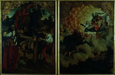 Histoires de S.S Pierre et Paul retable : détail montrant de gauche à droite Crucifixion de Saint Pierre, Saint Paul montant au ciel (détail)