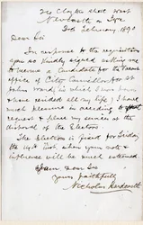 Lettre de Nicholas Hardcastle acceptant l