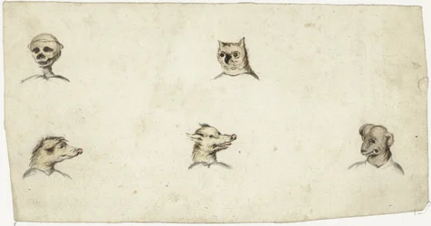 Têtes de quatre animaux et un squelette