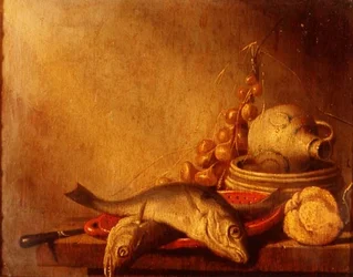Une poêle de poissons, une cruche en grès, des oignons et des fruits