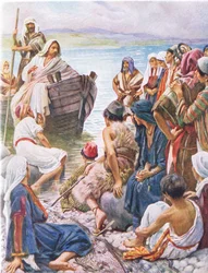 Christ prêchant depuis le bateau, illustration de Harold Copping Pictures: The Crown Series, vers 1920