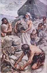 Noé construisant son autel, illustration de Pictures That Teach The Crown Series, 1920