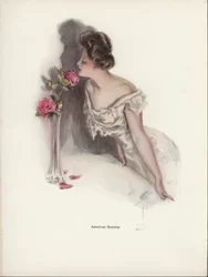 Femme américaine sentant des roses roses dans un vase