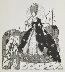 Une dame regardant un paysan, mendiant de l