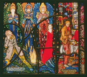 Détail de la fenêtre de Genève représentant Les Demi-Dieux de James Stephens et Junon et le Paycock de Sean OCasey, 1929