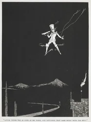 "Le petit poucet tint parole et revint la même nuit avec la nouvelle." Un messager volant dans le ciel nocturne. Illustration pour l