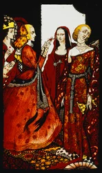 Reines dont le doigt autrefois excitait les hommes. "Reines", neuf panneaux de verre acides, teintés et peints, illustrant le poème de J.M. Synge, 1917
