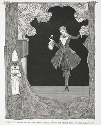 Elle laissa derrière elle une de ses pantoufles de verre, que le Prince ramassa avec soin. Illustration pour l