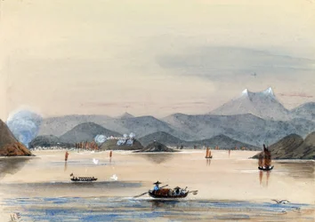 Le HMS Tribune trouvant son chemin sur la rivière Chuenpee à Canton (Chine), avec des bateaux à rames et des jonques chinoises