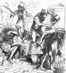 Caricature représentant les rivières Thames et Lea attaquées à cause de leur état de saleté
