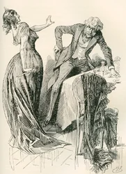 Edith et M. Carker. "Il venait gaiement vers elle, quand, en un instant, elle attrapa le couteau sur la table et recula d