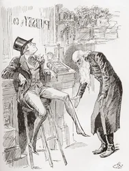 Fledgeby et M. Riah dans le bureau de comptabilité. « Perché sur le tabouret, le chapeau incliné sur la tête et une jambe pendante, la jeunesse de Fledgeby contrastait à peine avantageusement avec l