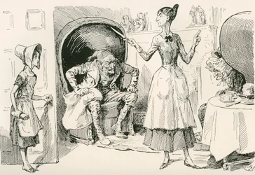 La famille Smallweed. "Quel travail fais-tu maintenant?" dit Judy Smallweed, comme une très vieille mégère. "Je nettoie la chambre du haut, mademoiselle," répond Charley. "Fais-le bien, et ne traîne pas. Dépêche-toi! Va-t