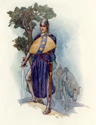 Un chevalier barrant la route (lithographie couleur)