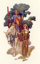 Un chevalier avec une jeune fille en haillons à ses côtés (lithographie couleur)