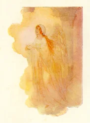 Une belle et mince dame apparaissant dans la lumière dorée (lithographie couleur)