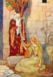 Merlin jouant de la harpe avec la fée Nimue (lithographie couleur)