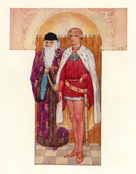 Merlin avec Galahad à ses côtés (lithographie couleur)