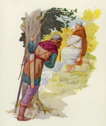 Sur un petit monticule à côté du gué, un homme énorme rongeait une grande pâtisserie de chevreuil (lithographie en couleur).