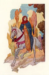 Princesse Guenièvre à cheval (lithographie couleur)