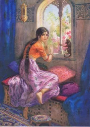 "Rama a murmuré Hanuman une fois de plus. Extrait des aventures de Rama et Sita, illustration tirée de "Childrens Stories from Indian Legends", vers 1930 (lithographie couleur)