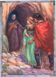 Ils arrivèrent à une grotte au bord de la mer (de Diarmud et Grania) (lithographie couleur)