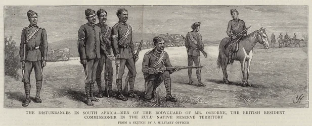 Les troubles en Afrique du Sud, hommes de la garde du corps de M. Osborne, le commissaire résident britannique dans le territoire de la réserve des Zoulous