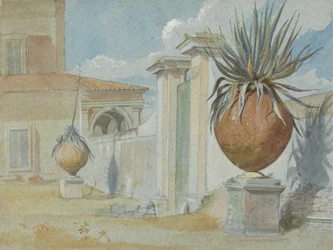 Villa Massimi, Rome : porte flanquée de palmiers dans de grands pots en terre