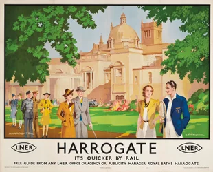 Harrogate, plus rapide en train, affiche publicitaire pour les voyages en train