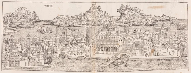 Réimpression en 1930 de la vue de Venise tirée de la Chronique de Nuremberg (recadrée)