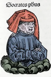 Portrait de Socrate (470-399 av. J.-C.), philosophe grec. Xylographie des « Chroniques de Nuremberg » par Hartmann Schedel
