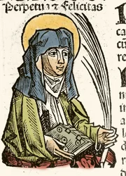 Représentation de Saint Perpétue, martyre à Carthage. Xylographie de Hartmann Schedel, Chroniques de Nuremberg, 1493