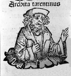 Le philosophe grec Archytas de Tarente (435-347 av. J.-C.) philosophe pythagoricien, mathématicien, astronome. Xylographie de "Chroniques de Nuremberg" par Hartmann Schedel