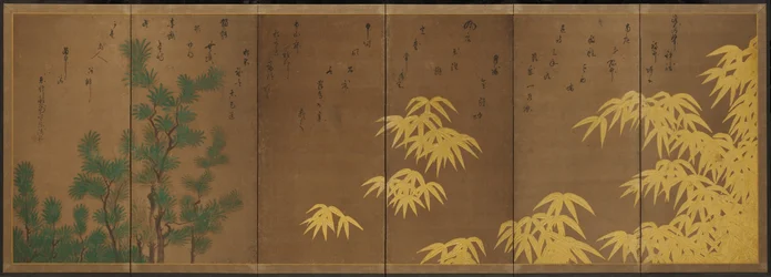 Bambou avec if chinois, vers 1605-10 (paravent à six panneaux : encre, couleur et or sur papier)