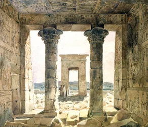 Ruines du complexe de temples de Dendera : Vue entre deux colonnes vers la porte (pylône). Aquarelle d