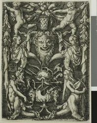 Motif ornemental avec un couple de satyres, des enfants et un trophée