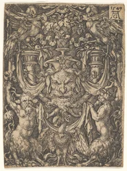 Design ornemental avec un masque et un aigle entre deux faunes en bas, 1549