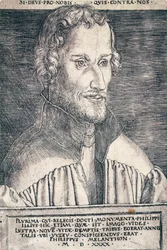Portrait de Philippe Mélanchthon ou Philipp Schwarzerd (1497-1560), humaniste et théologien allemand, gravure par Heinrich Aldegrever (1502-ca 1561)