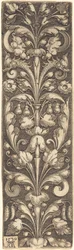 Branche de feuillage ornemental avec deux masques et deux dauphins