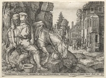 La parabole du bon Samaritain : Le bon Samaritain mettant le voyageur sur son âne