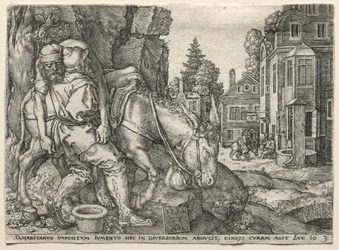 La parabole du bon Samaritain : Le bon Samaritain mettant le voyageur sur son âne, 1554